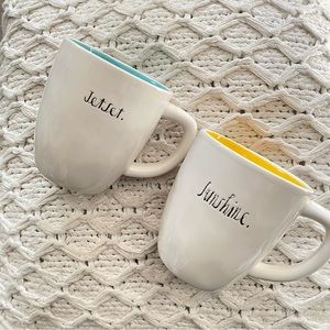 Rae Dunn Jet Set & Sunshine SCRIPT writing mugs (color inside). SET OF 2 MUGS